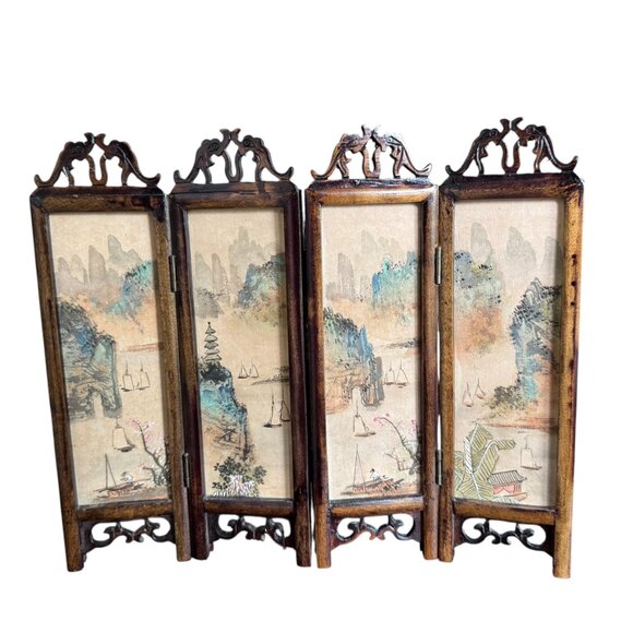 Asian Miniature Folding Screen Table Top Divider Screen Dollhouse Decor 4 Panel - Picture 3 of 16